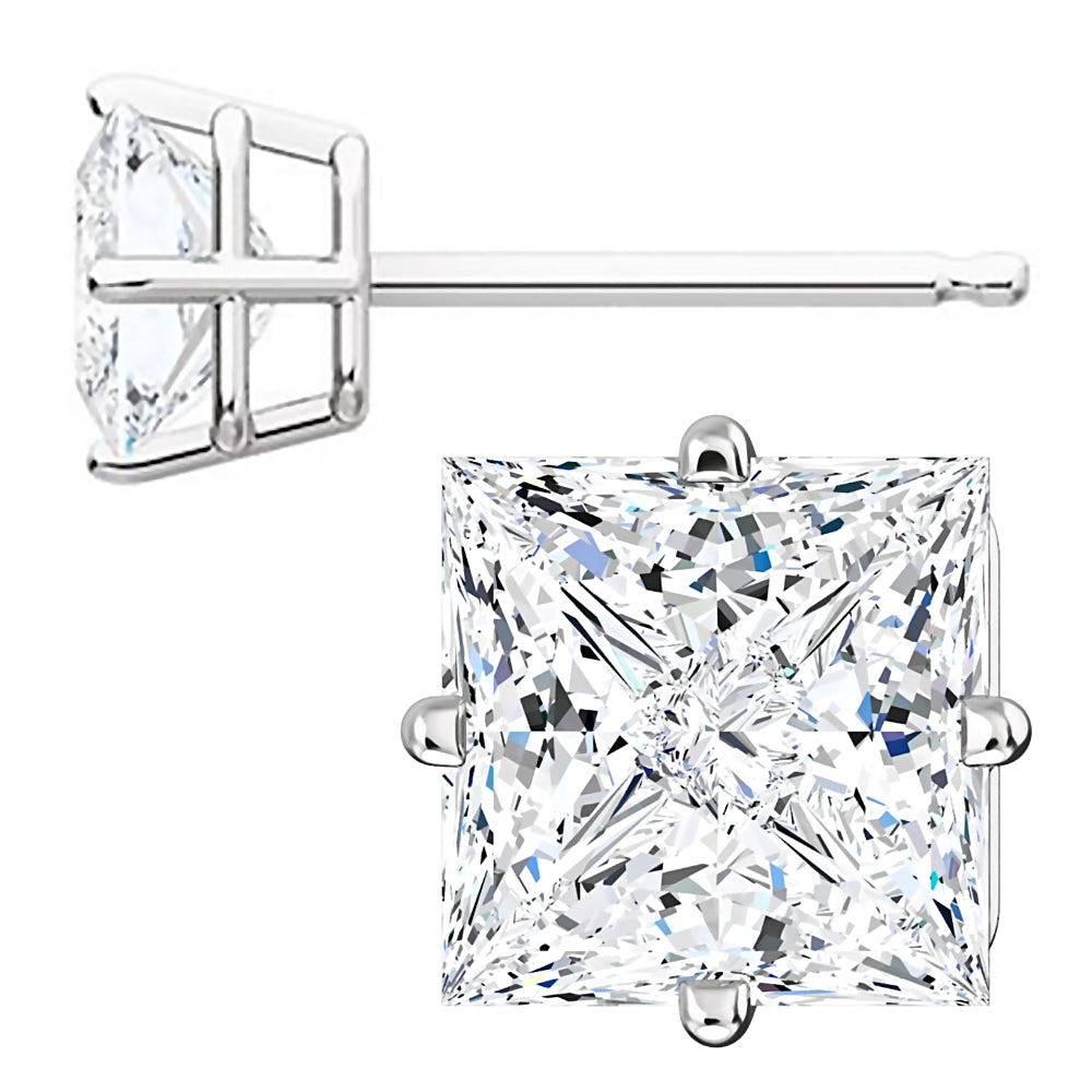 6mm, Princess Cut Ice on Fire Diamond CZ 14K White Gold Side-Set Cast Basket Stud Earrings