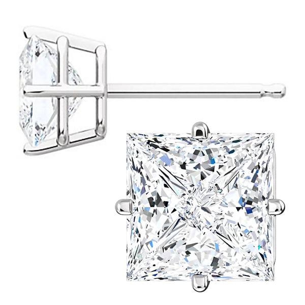 7mm, Princess Cut Ice on Fire Diamond CZ 14K White Gold Side-Set Cast Basket Stud Earrings