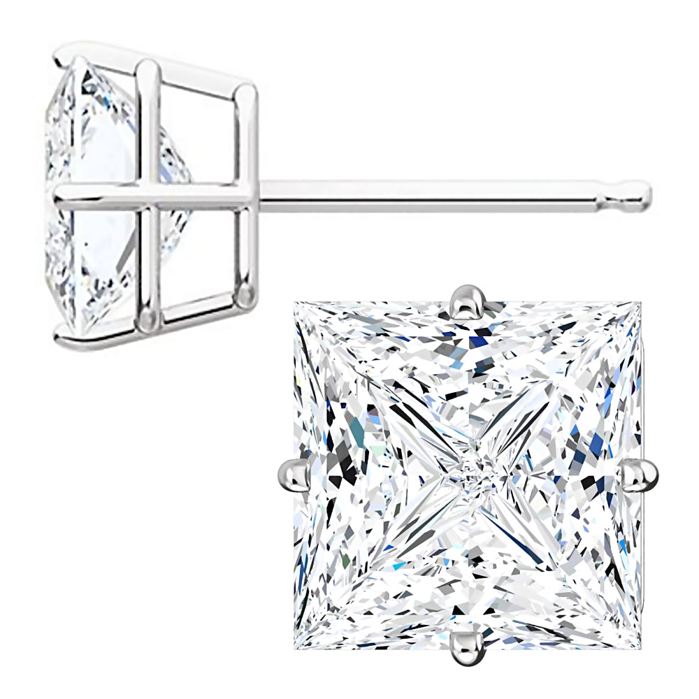 8mm, Princess Cut Ice on Fire Diamond CZ 14K White Gold Side-Set Cast Basket Stud Earrings