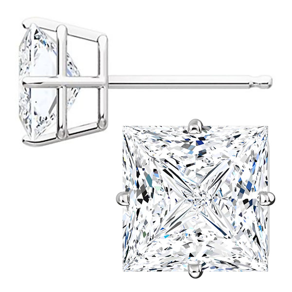8mm, Princess Cut Ice on Fire Diamond CZ 14K White Gold Side-Set Cast Basket Stud Earrings