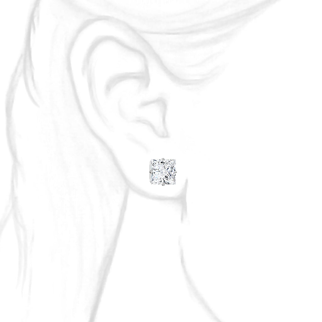 8mm, Princess Cut Ice on Fire Diamond CZ 14K White Gold Side-Set Cast Basket Stud Earrings