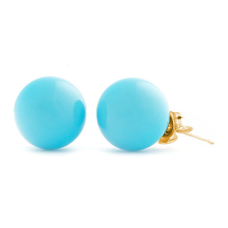 10mm Sleeping Beauty Turquoise Ball Stud Earrings 14K Yellow Gold - Trustmark Jewelers - Earrings - 1