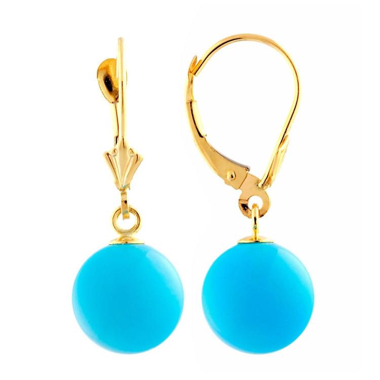 10mm Sleeping Beauty Turquoise Ball Leverback Earrings 14-20 Gold Filled