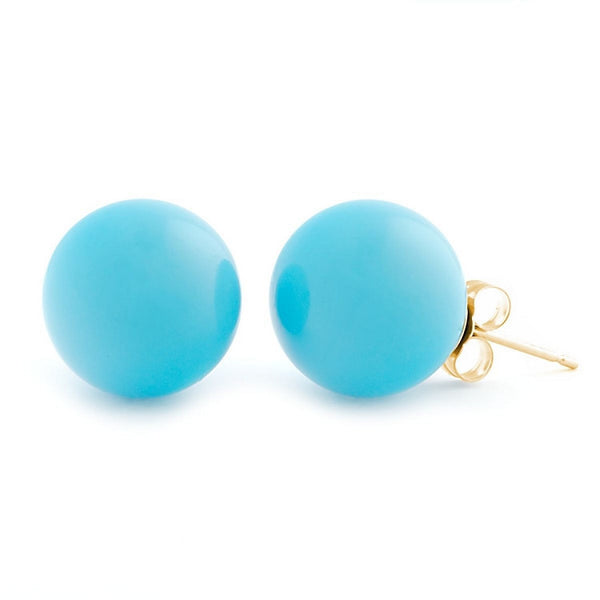 12mm Sleeping Beauty Turquoise Ball Stud Earrings 14K Yellow Gold - Trustmark Jewelers - Earrings - 1