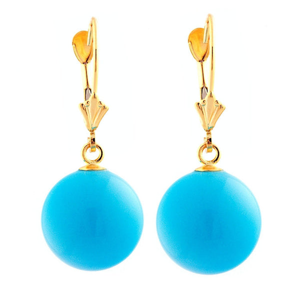 12mm Sleeping Beauty Turquoise Ball Drop Leverback Earrings 14K Gold - Trustmark Jewelers - Earrings - 1