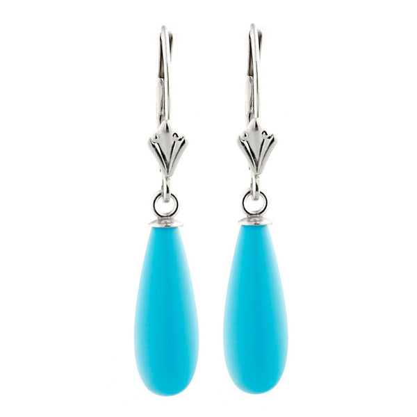 16mm Turquoise Teardrop Leverback Earrings 14K White Gold - Trustmark Jewelers - Earrings - 1