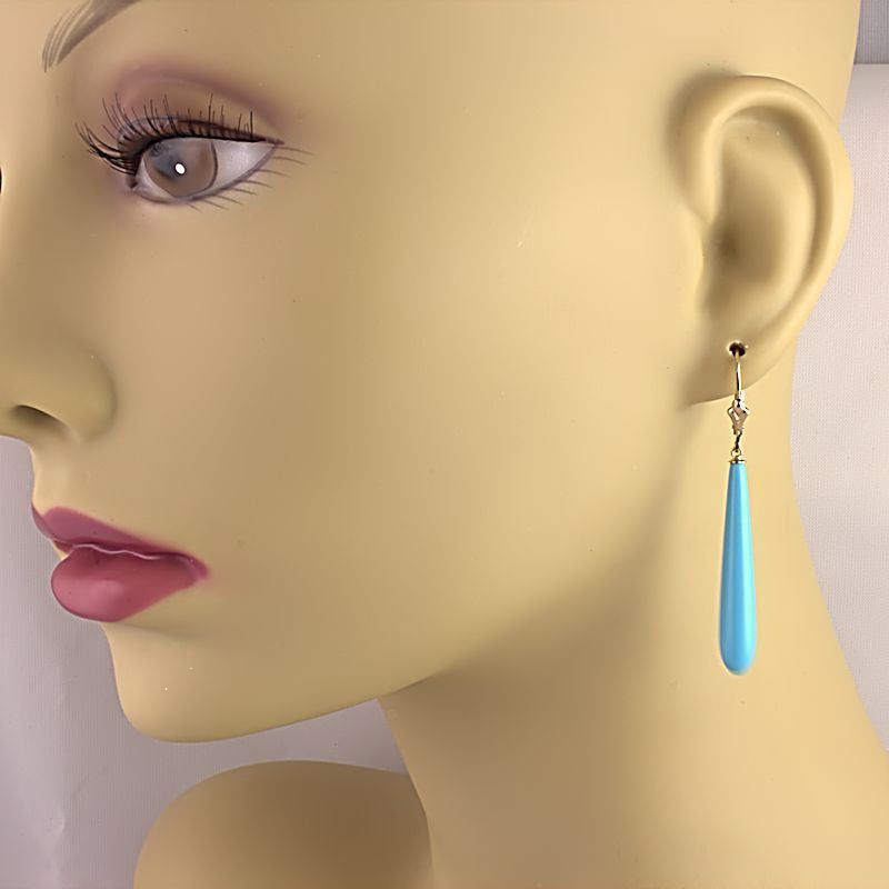 35mm Turquoise Teardrop Lever Back Earrings 14K Yellow Gold - Trustmark Jewelers - Earrings - 3
