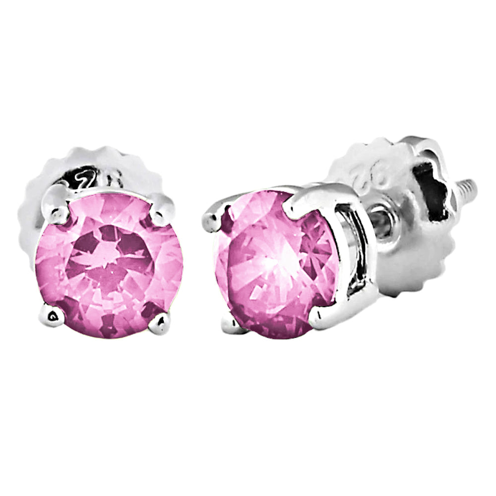 Trustmark Brilliant Cut Pink Tourmaline Ice CZ Screw Back Earrings Silver