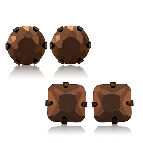 Vivian: Brown Ice CZ Square and Round Two Set Earrings 316 Stainless Steel - Trustmark Jewelers - Earrings - 1