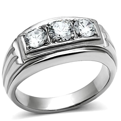 Navarro: Mens 1.0ct Russian Ice Diamond CZ 3 Stone Journey Steel Ring - Trustmark Jewelers - Mens Rings - 1