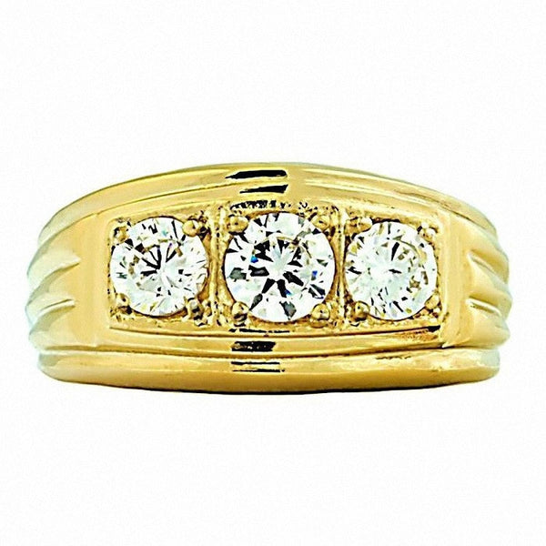 Navarro G: Mens 1.0ct IOF CZ 3 Stone Journey Steel Ring Gold Plated