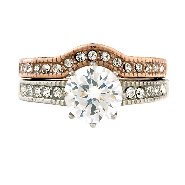 Peaches: Vintage 2 Pc 2 Tone IP Rose Gold 316 Steel IOF CZ Wedding Set - Trustmark Jewelers - Wedding Ring Sets - 1
