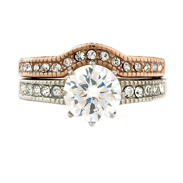 Peaches: Vintage 2 Pc 2 Tone IP Rose Gold 316 Steel IOF CZ Wedding Set - Trustmark Jewelers - Wedding Ring Sets - 1
