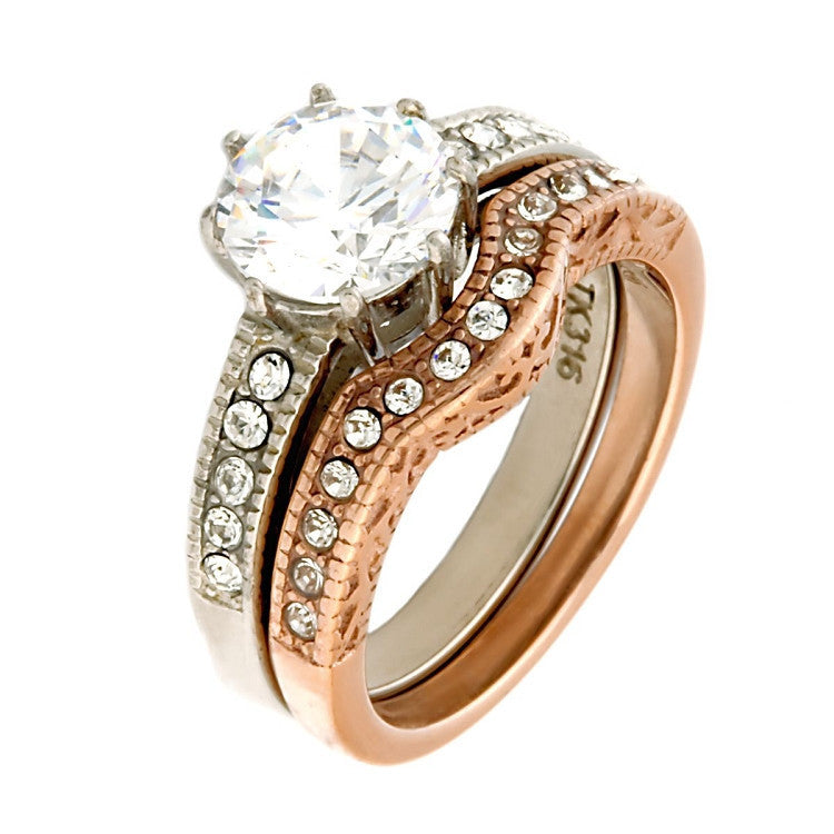 Peaches: Vintage 2 Pc 2 Tone IP Rose Gold 316 Steel IOF CZ Wedding Set - Trustmark Jewelers - Wedding Ring Sets - 2