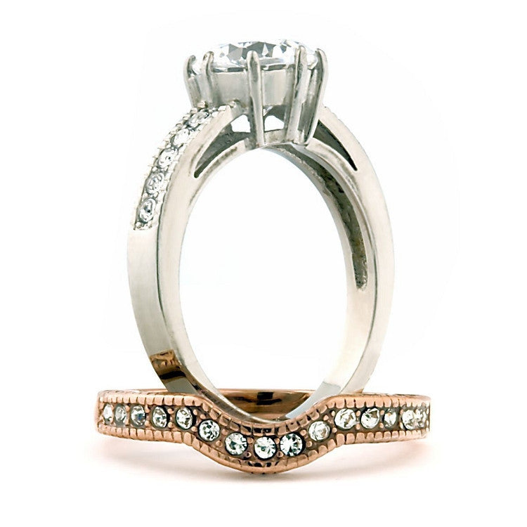 Peaches: Vintage 2 Pc 2 Tone IP Rose Gold 316 Steel IOF CZ Wedding Set - Trustmark Jewelers - Wedding Ring Sets - 3