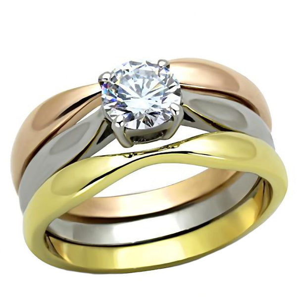 Chelsea: 3 Pc 3 Tone Yellow & IP Rose Gold 316 Steel CZ Wedding Set - Trustmark Jewelers - Wedding Ring Sets