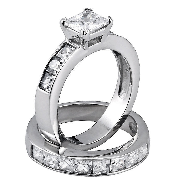 Damani: 3.75ct Russian Ice Diamond CZ 2 piece Steel Wedding Ring Set - Trustmark Jewelers - Wedding Ring Sets - 2