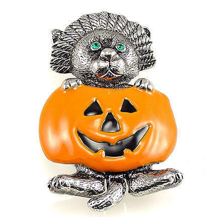 Cat with Green Eyes in Jack-o-Lantern Halloween Brooch - Trustmark Jewelers - Pins and Brooches - 1