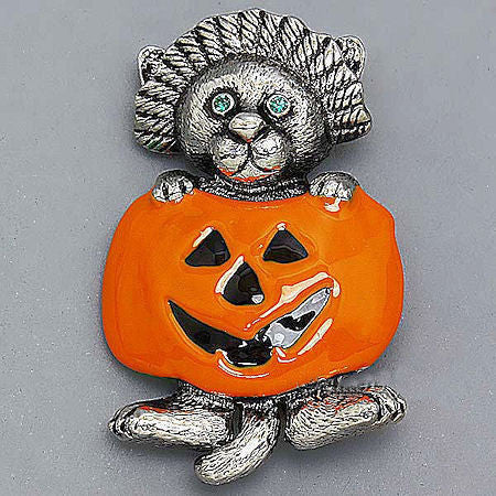 Cat with Green Eyes in Jack-o-Lantern Halloween Brooch - Trustmark Jewelers - Pins and Brooches - 2