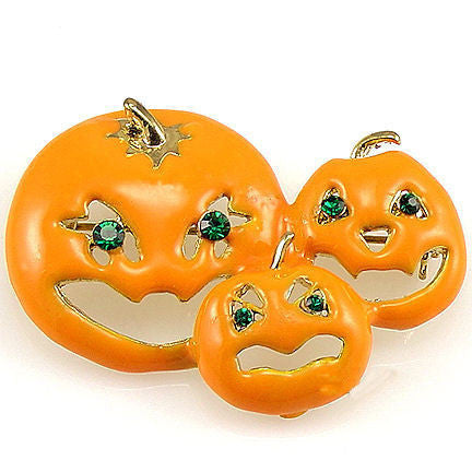 Halloween Brooch: Carved Pumpkins with Green Crystal Eyes - Trustmark Jewelers - Pins and Brooches